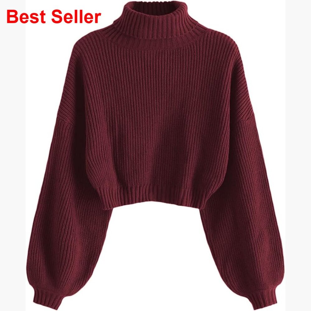 Cropped Turtleneck Sweater Lantern Sleeve Ribbed Knit Pullover